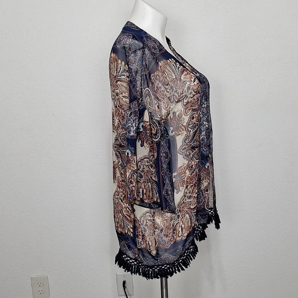 Umgee Blue Tan Bohemian 3/4 Wide Sleeve Boho Hippie Fringe Kimono Size S/M